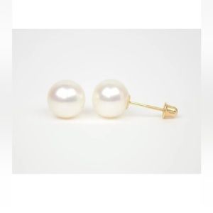 14K YELLOW GOLD ROUND GENUINE WHITE PEARL STUD EARRINGS SCREW BACKS